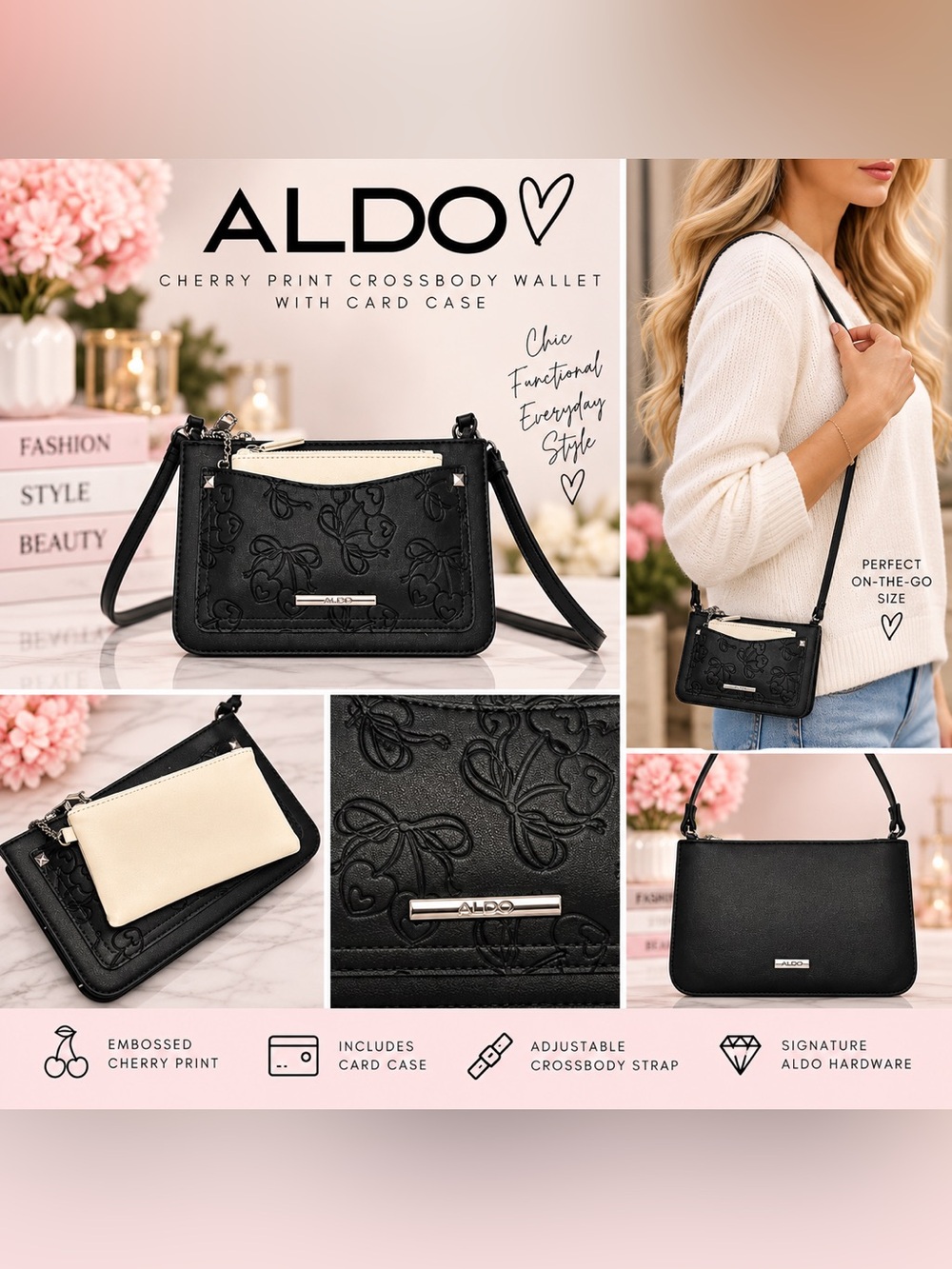 ALDO Black Embossed Cherry Print Crossbody Wallet with Cream Card Case
